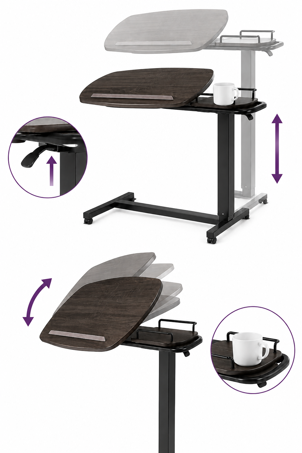 iCare Low Profile Over Bed Table showing gas-assisted height and tabletop tilt adjustment