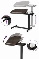 iCare Low Profile Over Bed Table showing gas-assisted height and tabletop tilt adjustment