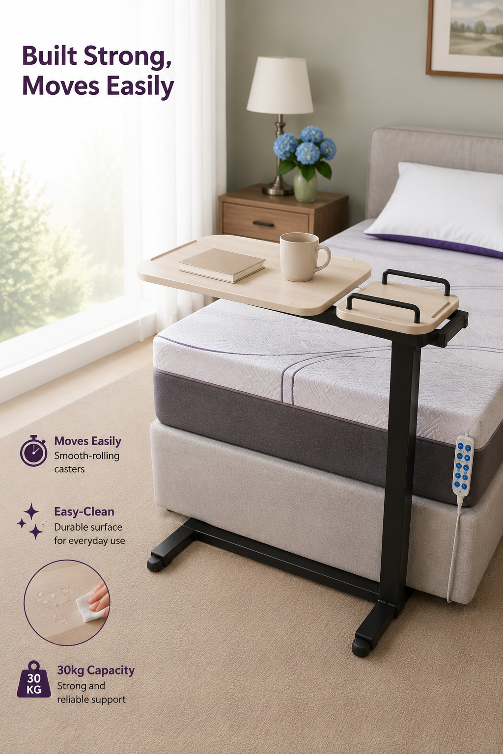 iCare Low Profile table in White Ash beside a bed with castor and cleaning details