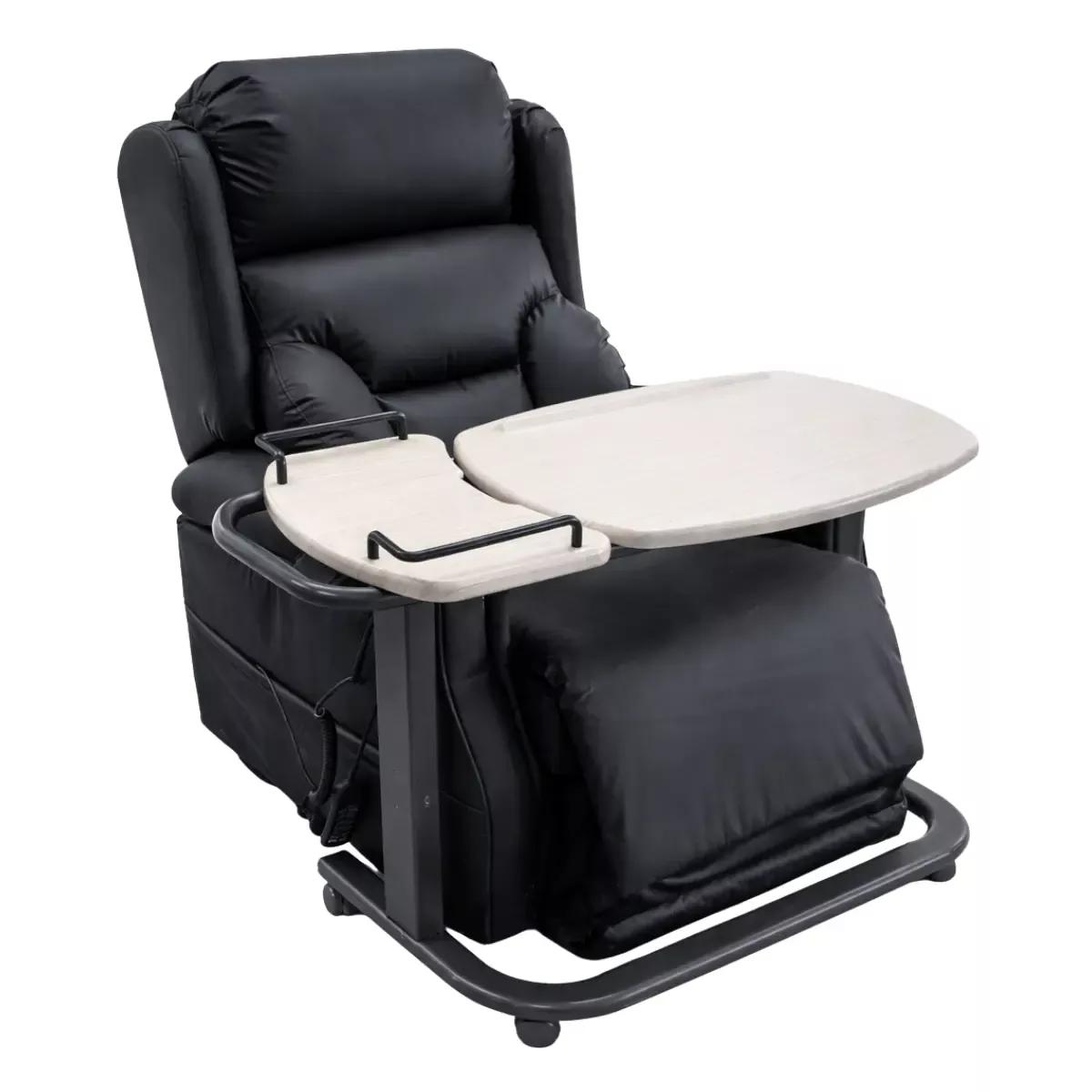 iCare Ultra Low Over Chair Table in White Ash positioned around a recliner