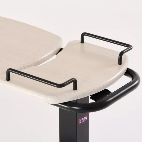 iCare Ultra Low table White Ash fixed side shelf and cup-holder detail