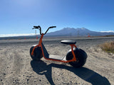 Kaaspeed K1S Fat Tyre Self Balancing E Scooter orange in front of Mt Ruapehu
