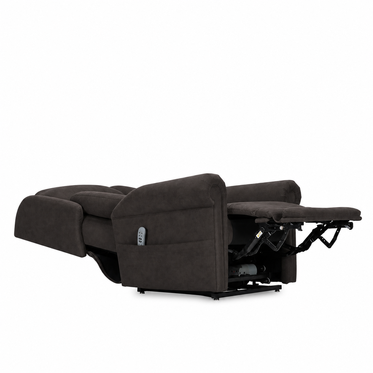 Theorem Aroki Power Lift Recliner Chair Side View with leg rest up and back rest down Front Quarter