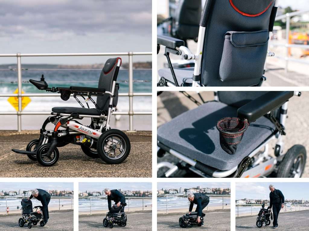 Collage of a Pride Mobility Jazzy Passport Power Wheelchair in various settings with a coastal background.