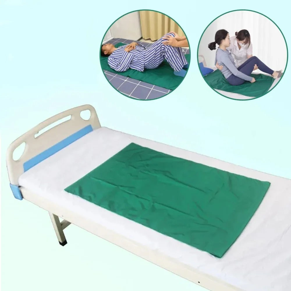 Patient Transfer Slide Sheet on a hospital bed with insets showing people using it.