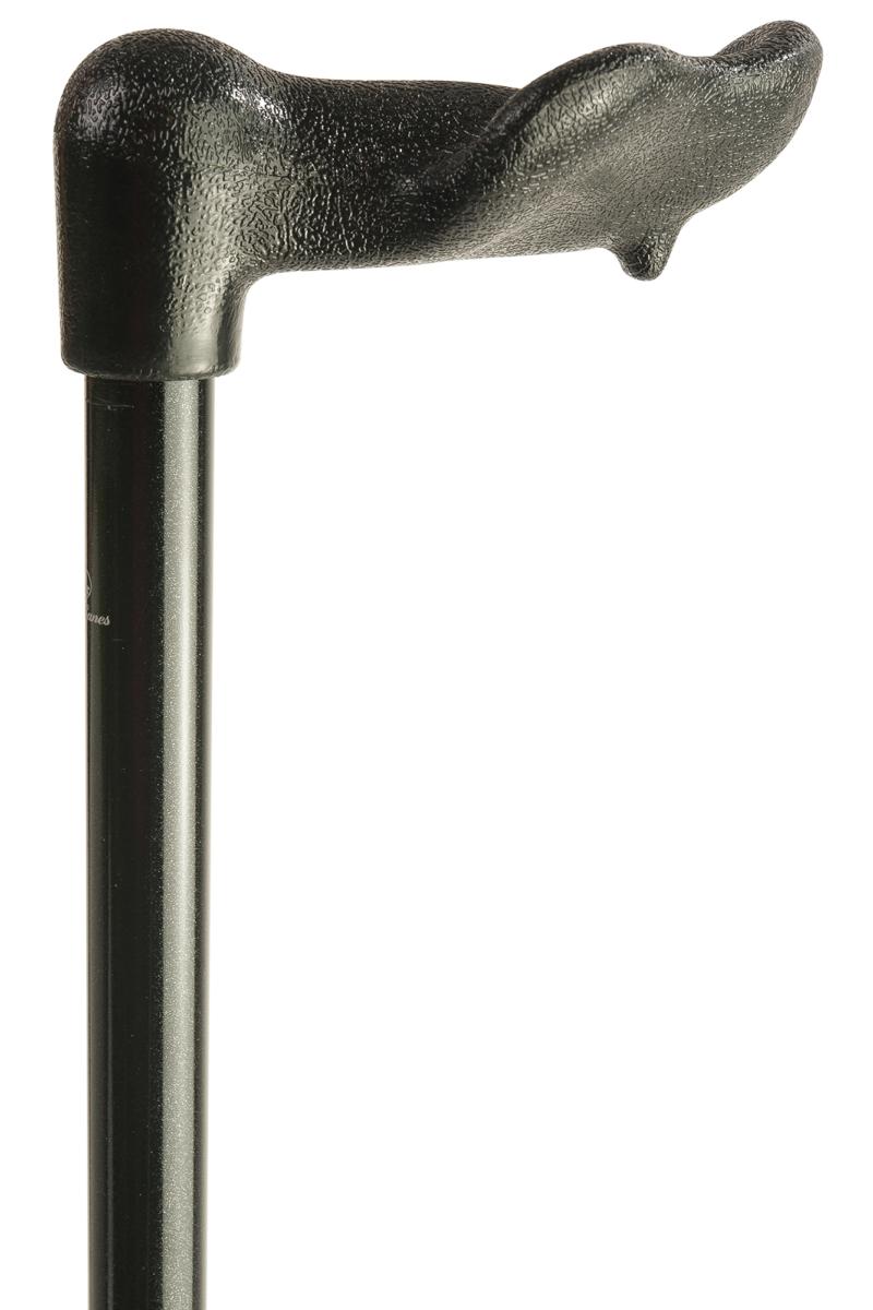 Close-up of a black Strider Adjustable Fischer Support Stick on a plain white background.