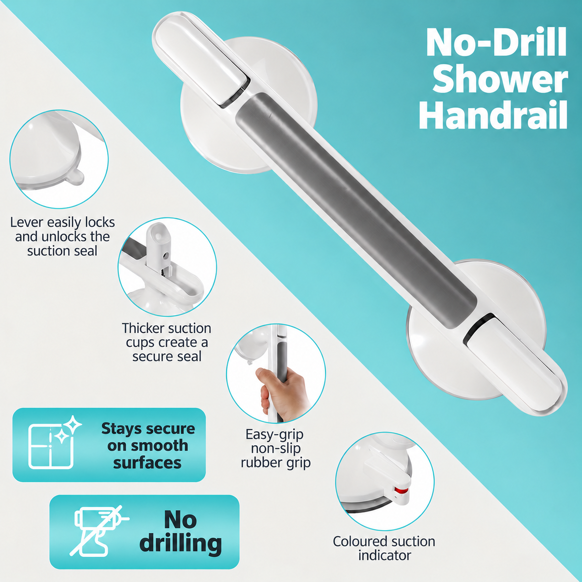 No-drill shower handrail shown on a split white and teal background with feature callouts and inset circles explaining suction lock, thicker suction cups, rubber grip, and no drilling.