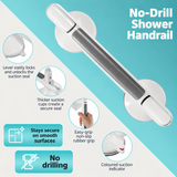 No-drill shower handrail shown on a split white and teal background with feature callouts and inset circles explaining suction lock, thicker suction cups, rubber grip, and no drilling.