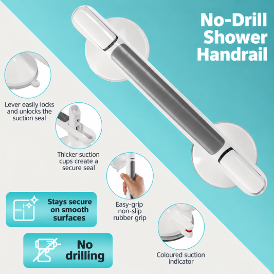 No-drill shower handrail shown on a split white and teal background with feature callouts and inset circles explaining suction lock, thicker suction cups, rubber grip, and no drilling.