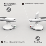 A product feature diagram showing a white suction cup handrail on a light gray background, with callouts explaining that red indicates weaker suction, green indicates normal suction, and there is no installation or drilling required.