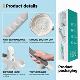 Product details and packaging graphic for a vacuum suction cup handrail set, showing close-up feature panels labeled anti-slip handrail, strong suction cup, airtight lock, and textured grip, alongside the product box on a light blue background.