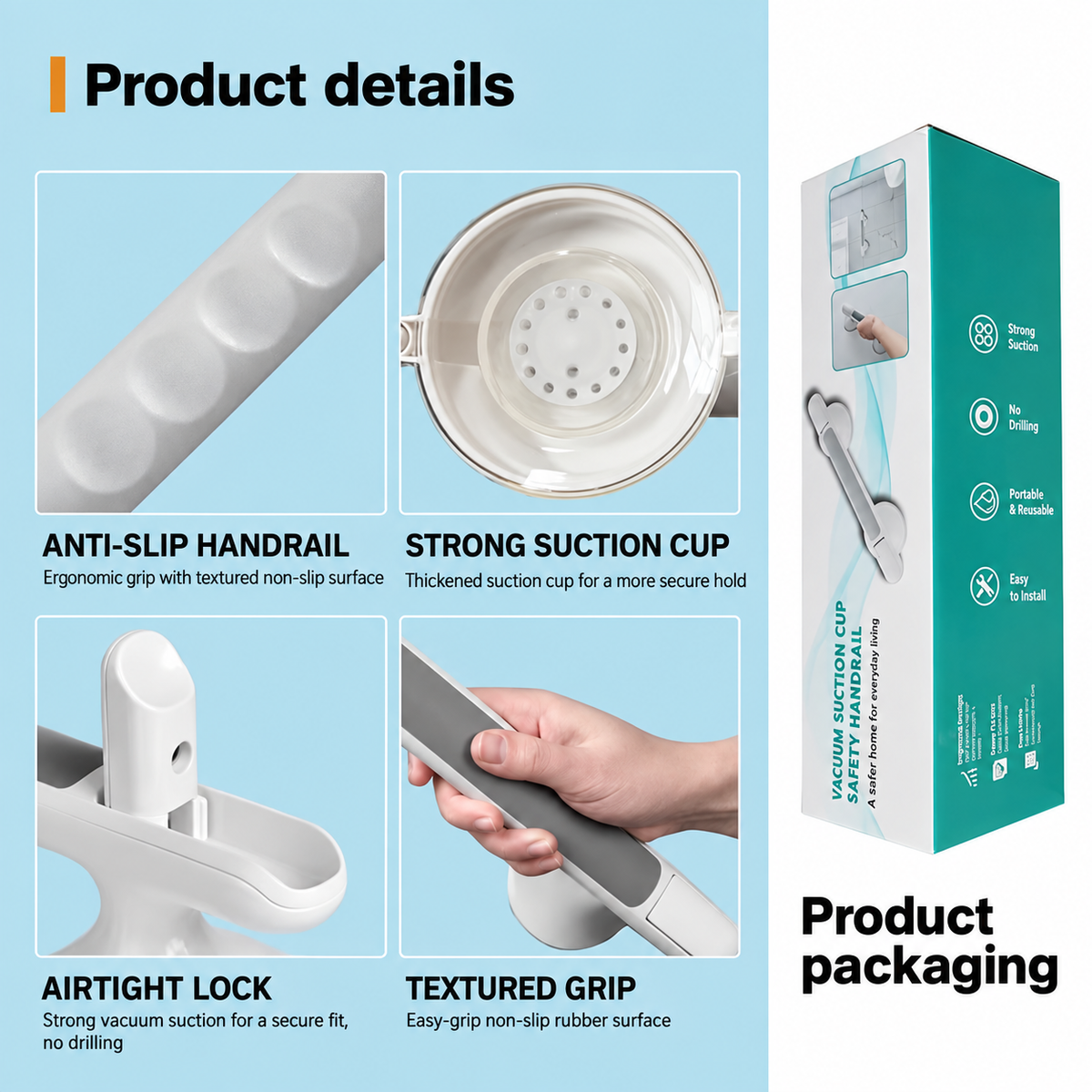 Product details and packaging graphic for a vacuum suction cup handrail set, showing close-up feature panels labeled anti-slip handrail, strong suction cup, airtight lock, and textured grip, alongside the product box on a light blue background.