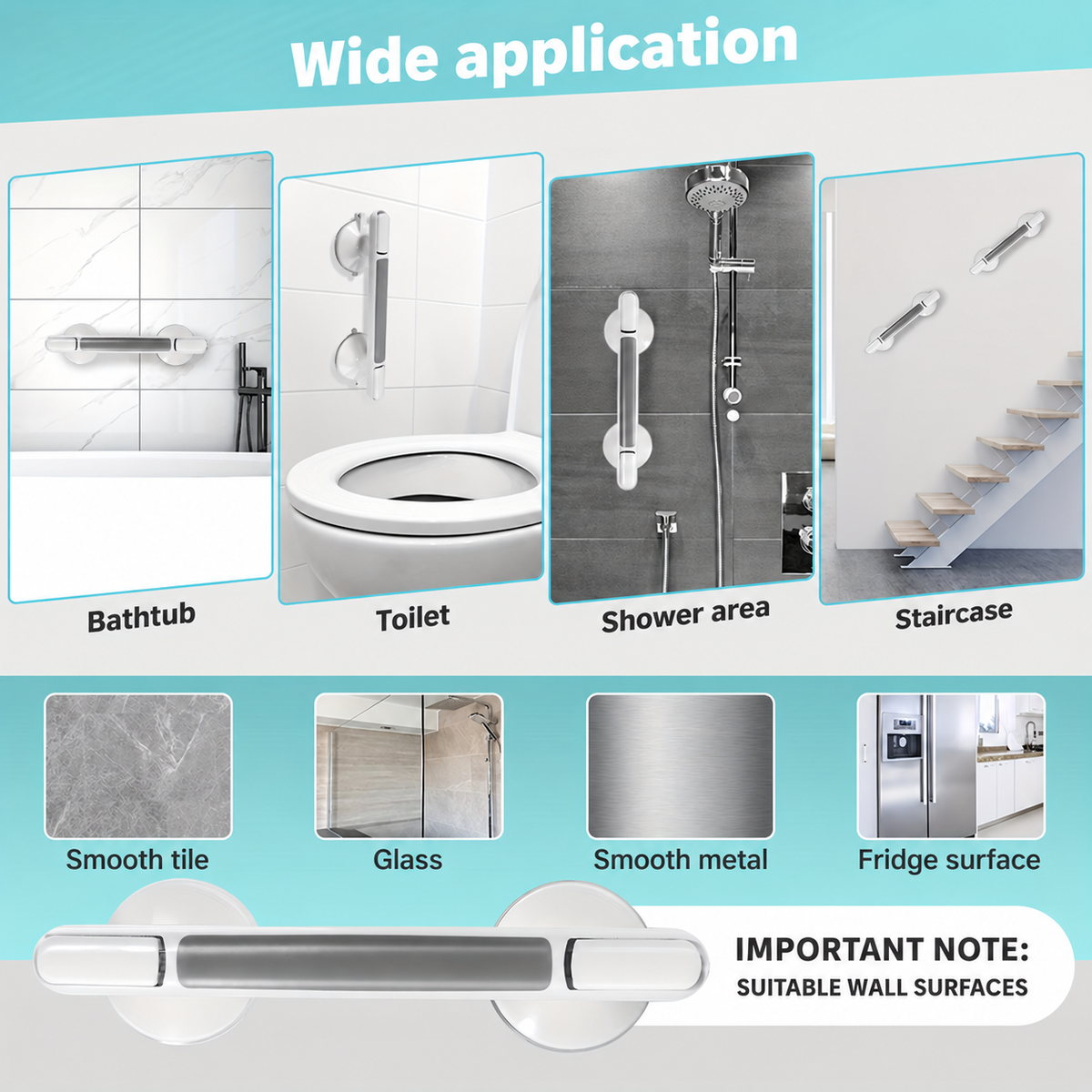 A product application infographic for a wall-mounted grab bar. The graphic features the headline 'Wide application' and shows six usage scenarios: bathtub, toilet, shower area, staircase, smooth tile, glass, smooth metal, and fridge surface.