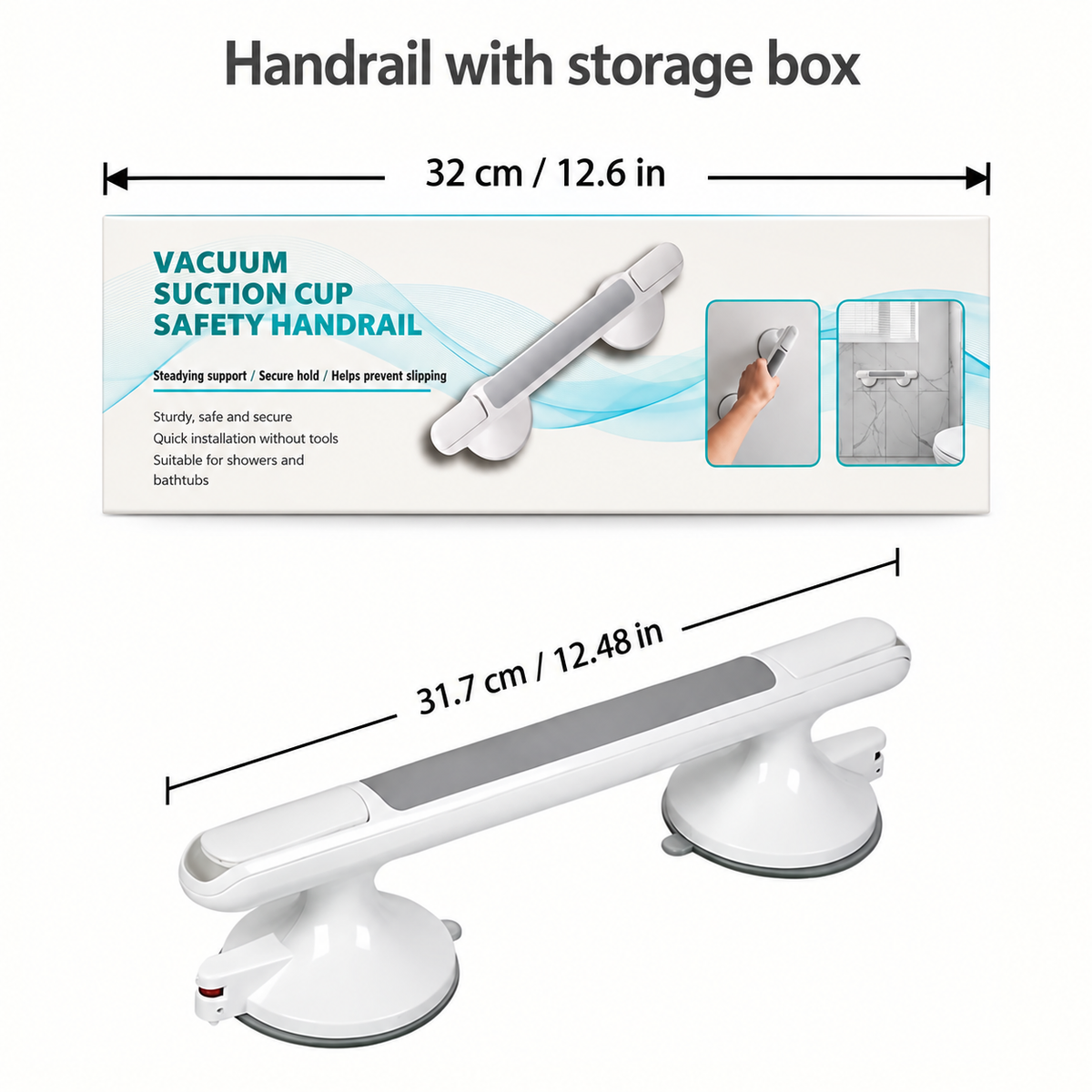 White vacuum suction cup safety handrail , shown with dimension labels and a product package on a light gray background.