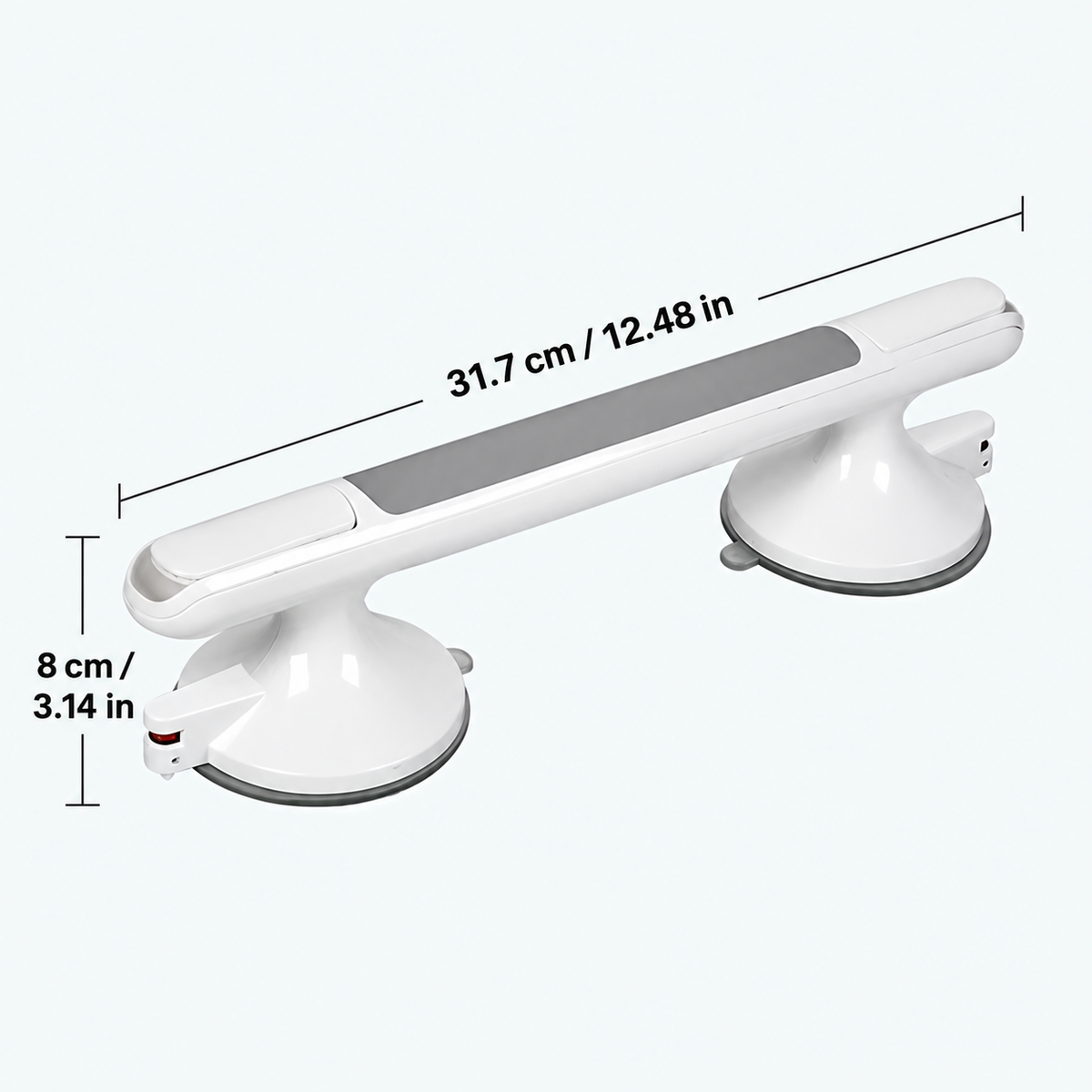White suction cup handrail with dimension markings showing 31.7 cm length and 8 cm height on a light gray background.