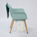 Spryly Poise commode chair in sage with wooden legs side view toilet pan