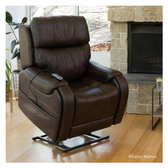 Theorem Seagrove Power Lift Recliner Chair Walnut in a living room setting with a fireplace.