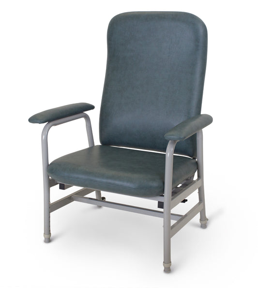 A high-back armchair with dark teal-green upholstered Viking Hilite Maxi rehab Chair, supported by a silver metal frame, shown on a white background.